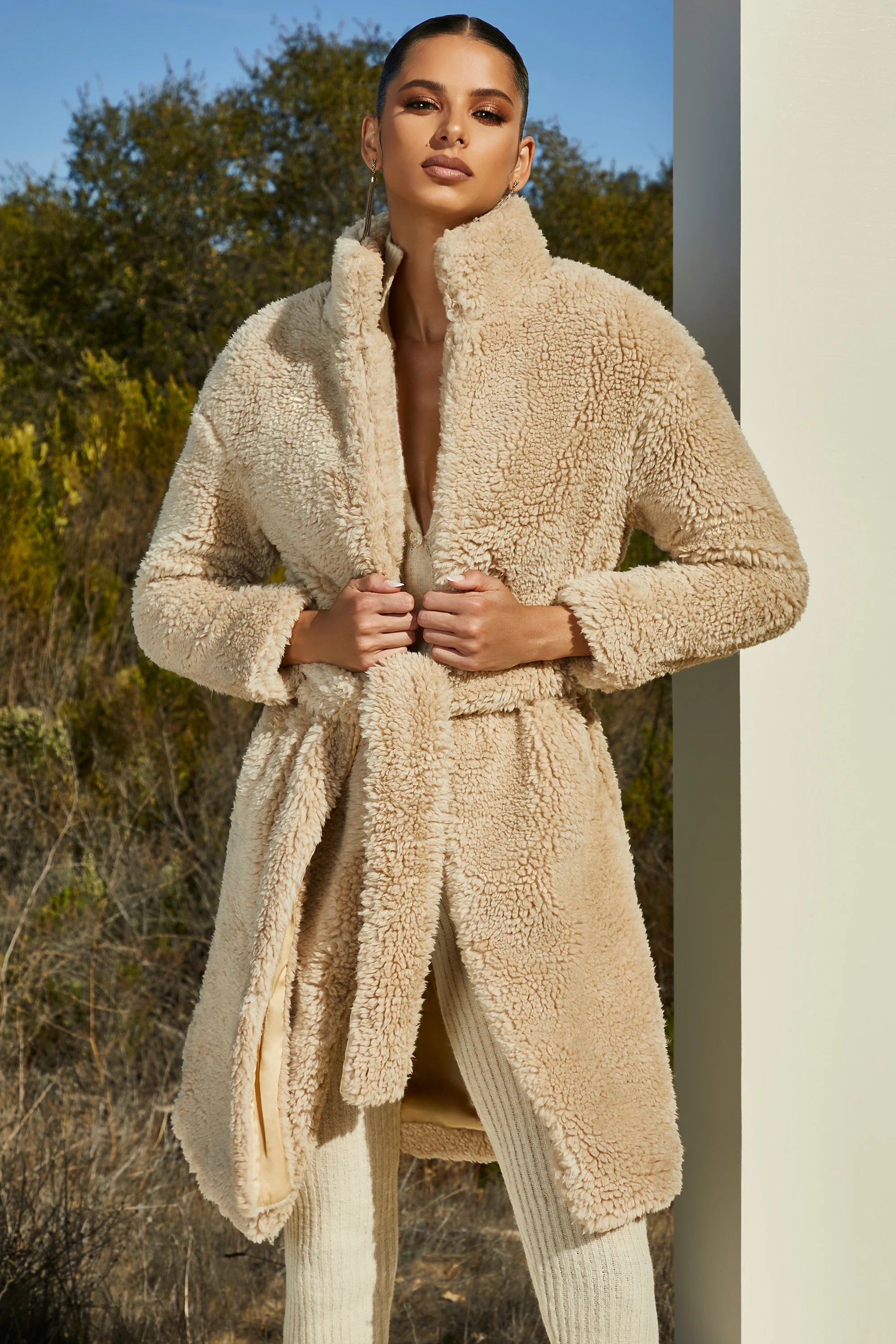 Belted Faux Fur Coat in Cream