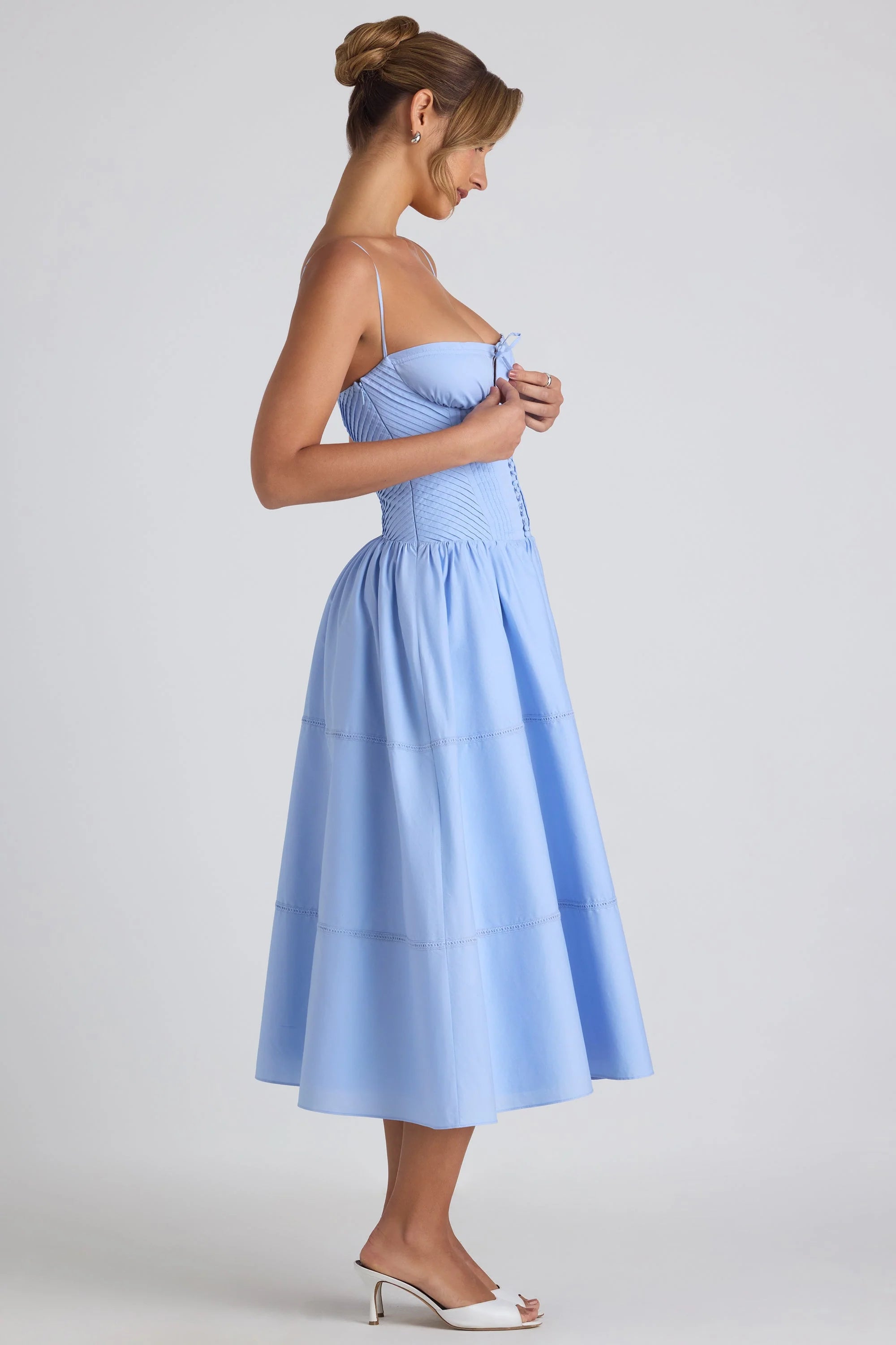 Lace-Trim Pintucked Poplin Midaxi Dress in Sky Blue