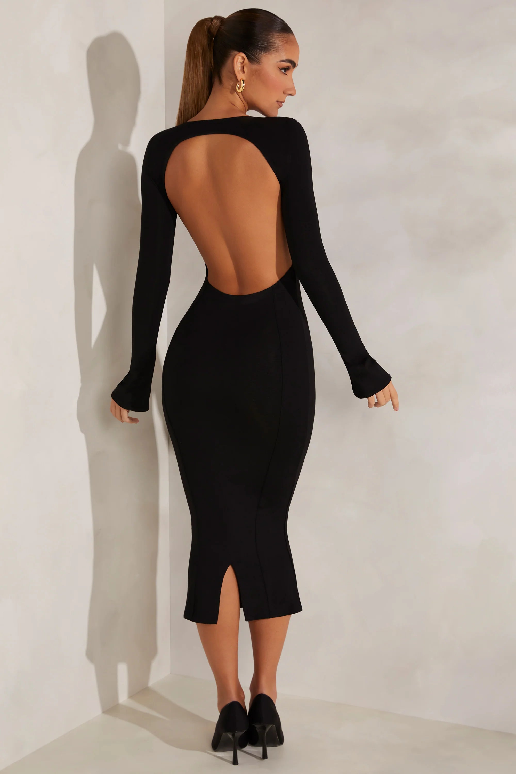 High Neck Long Sleeve Open Back Midaxi Dress in Black