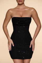 Embellished Strapless Cowl Neck Mini Dress in Black