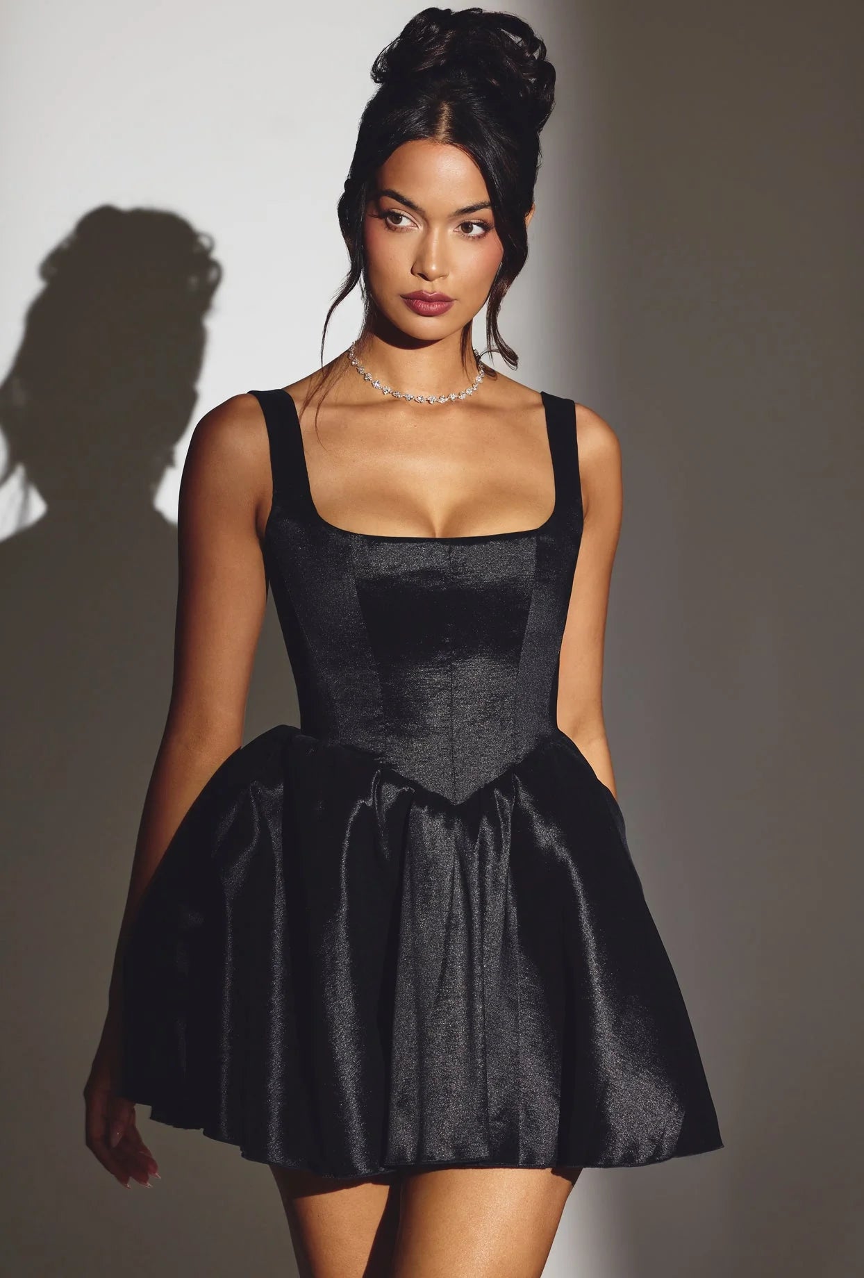 Woven Taffeta Corset Mini Dress in Jet Black