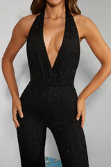 Embellished Plunge Neck Jumpsuit in Black