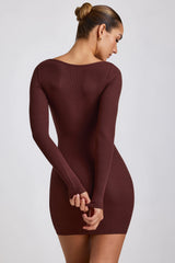 Ribbed Modal Long Sleeve Mini Dress in Chocolate