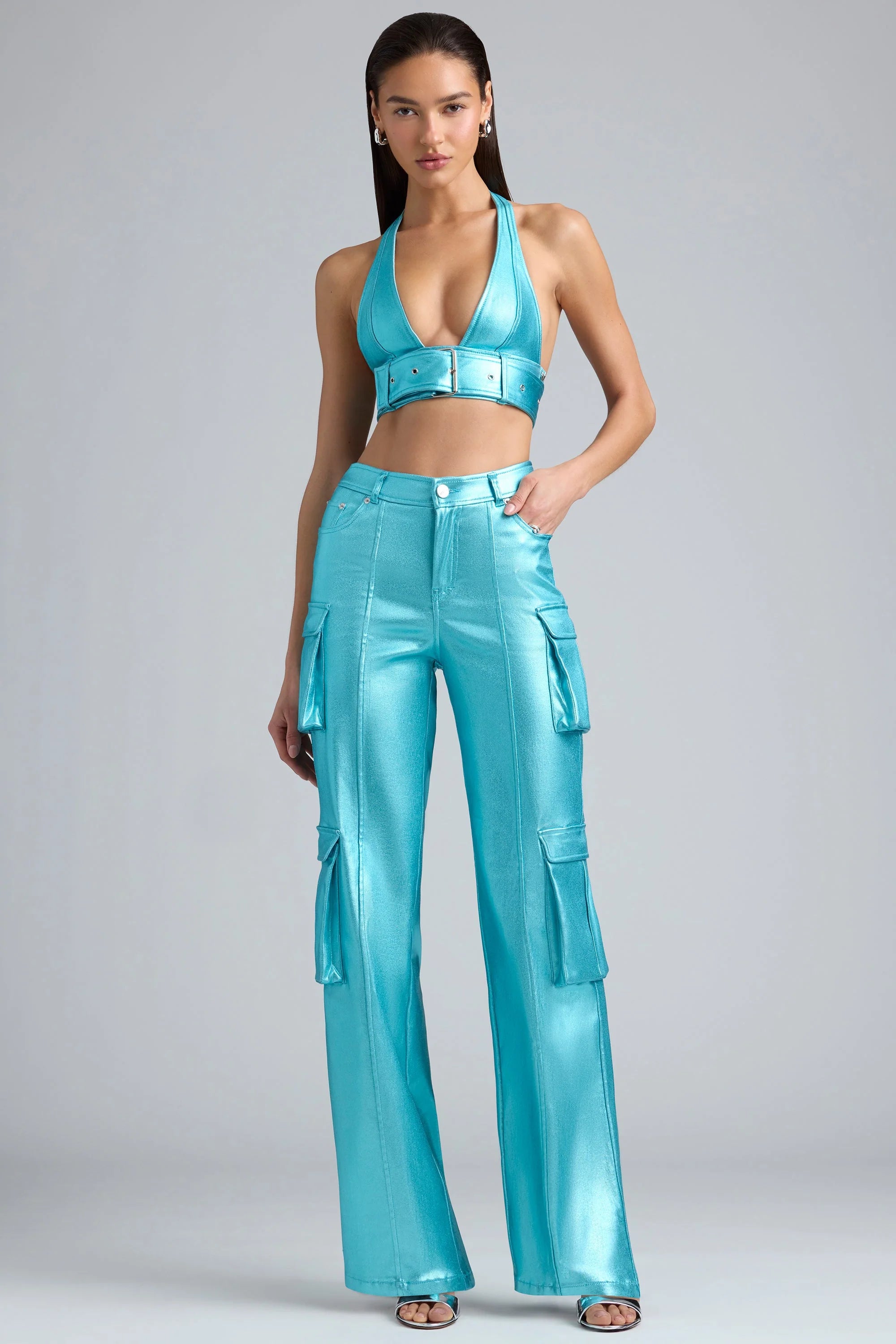 Metallic Denim Belted Crop Top in Aqua