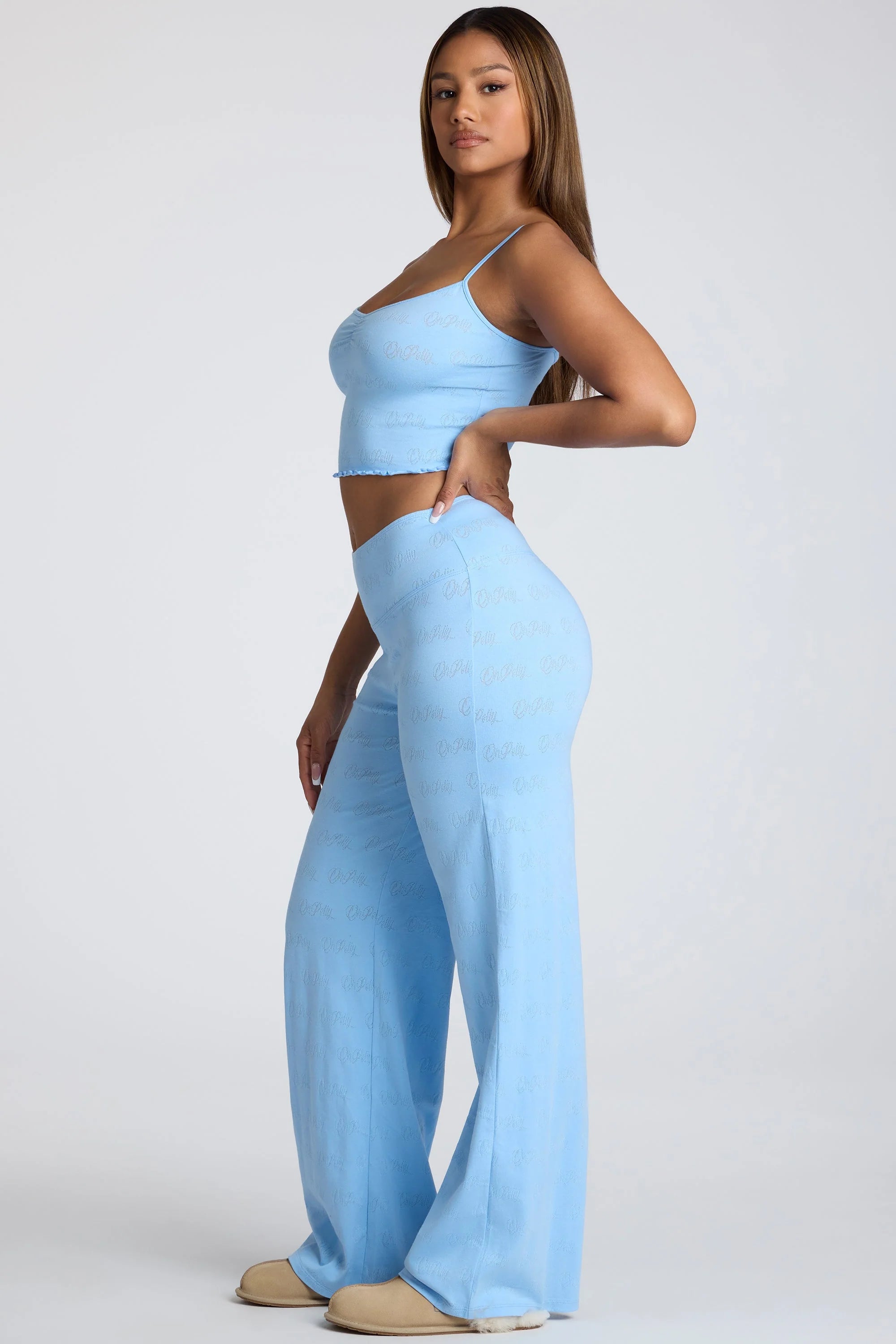 Mid Rise Straight Leg Pointelle Trousers in Baby Blue