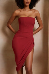 Bandeau Asymmetric Draped Midi Dress in Red