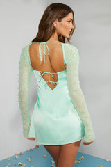 Long Sleeve Embellished A-line Mini Dress in Mint