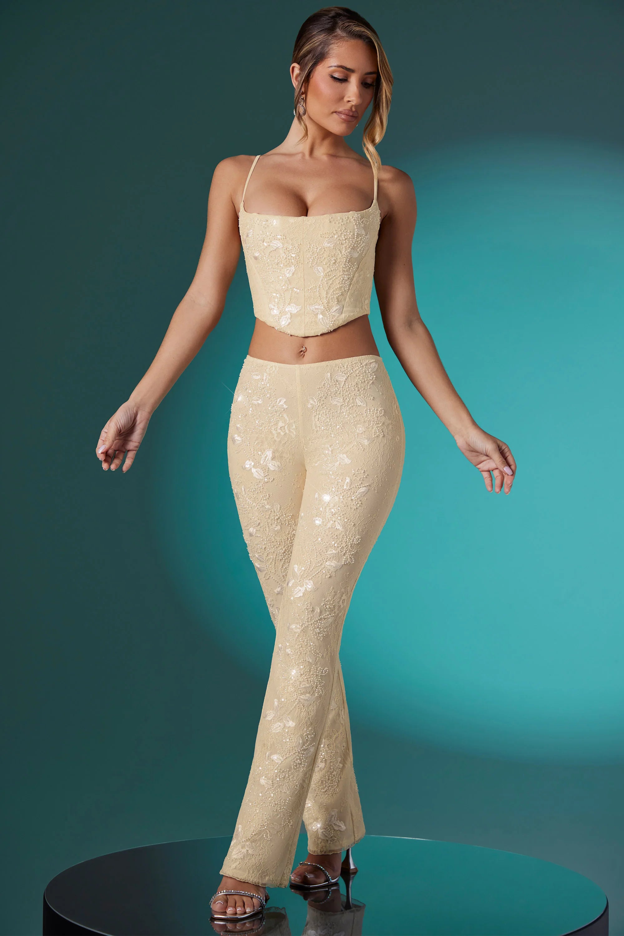 Embellished Lace Corset Crop Top in Ivory