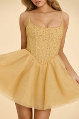 Mini abito con gonna in tulle con corsetto decorato in oro