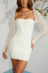 Long Sleeve Embellished Corset Mini Dress in Ivory