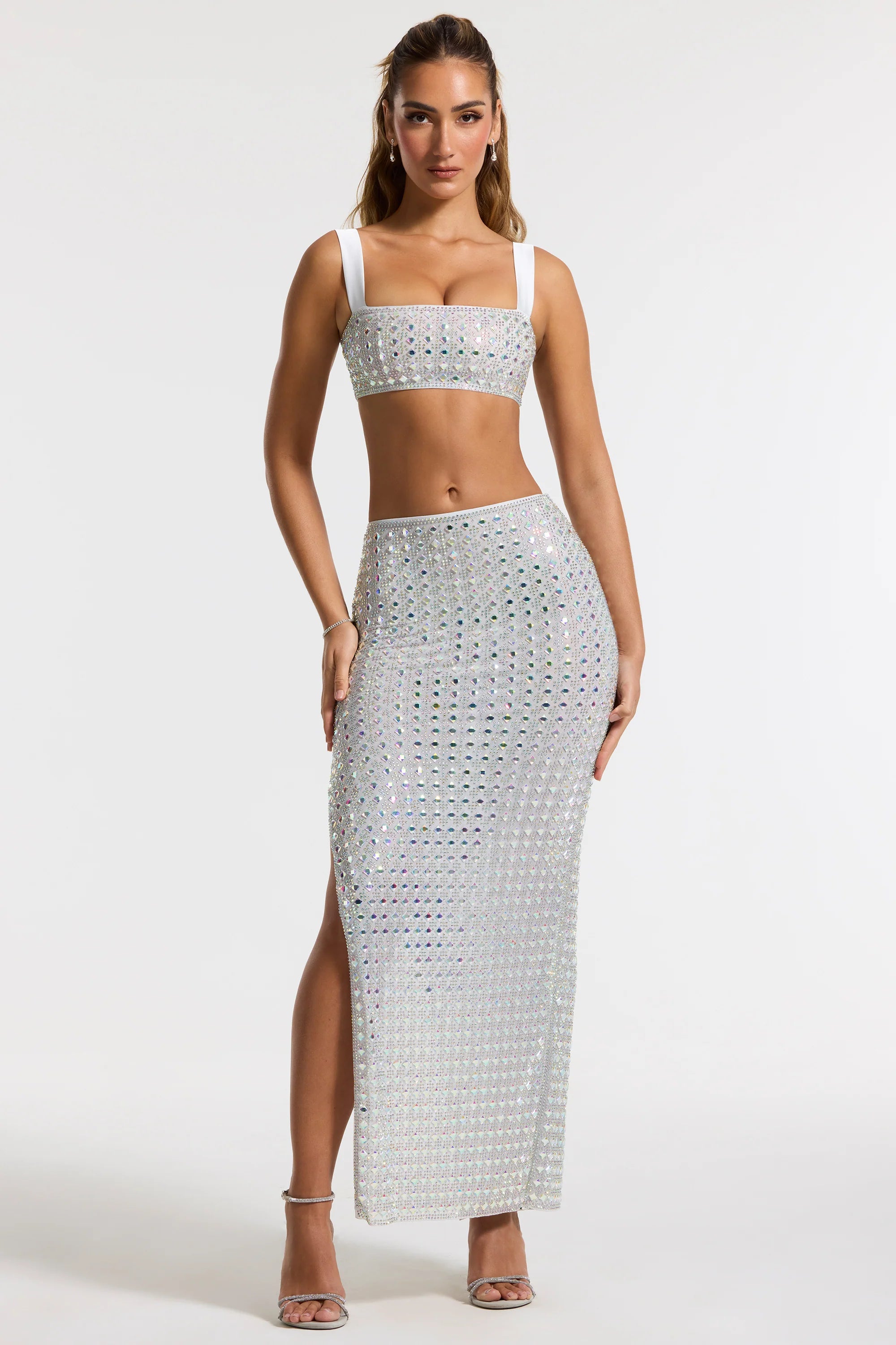 Embellished Mid Rise Gown Skirt in Silver