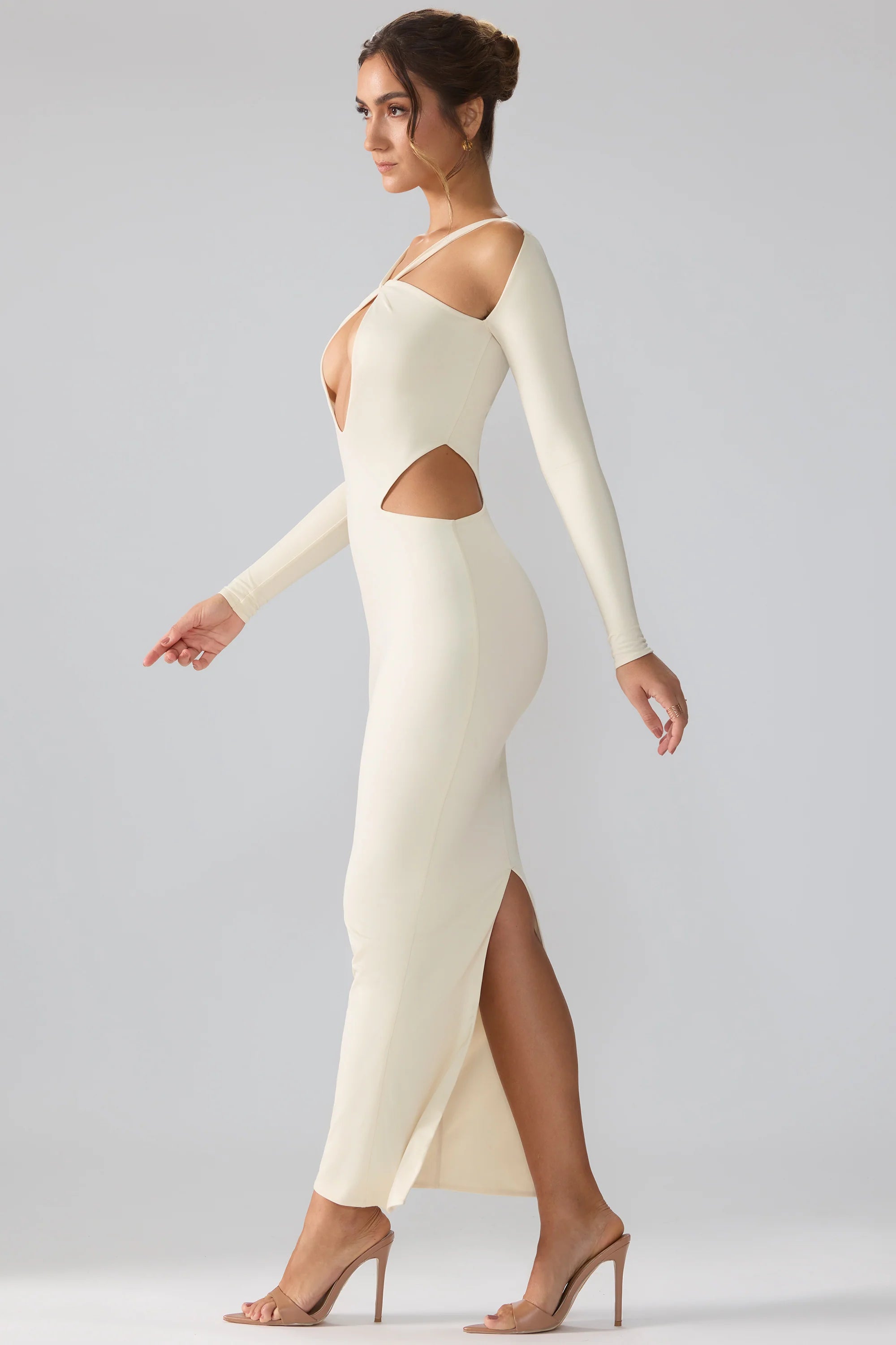 Premium Jersey Long Sleeve Cut Out Maxi Dress in Ivory