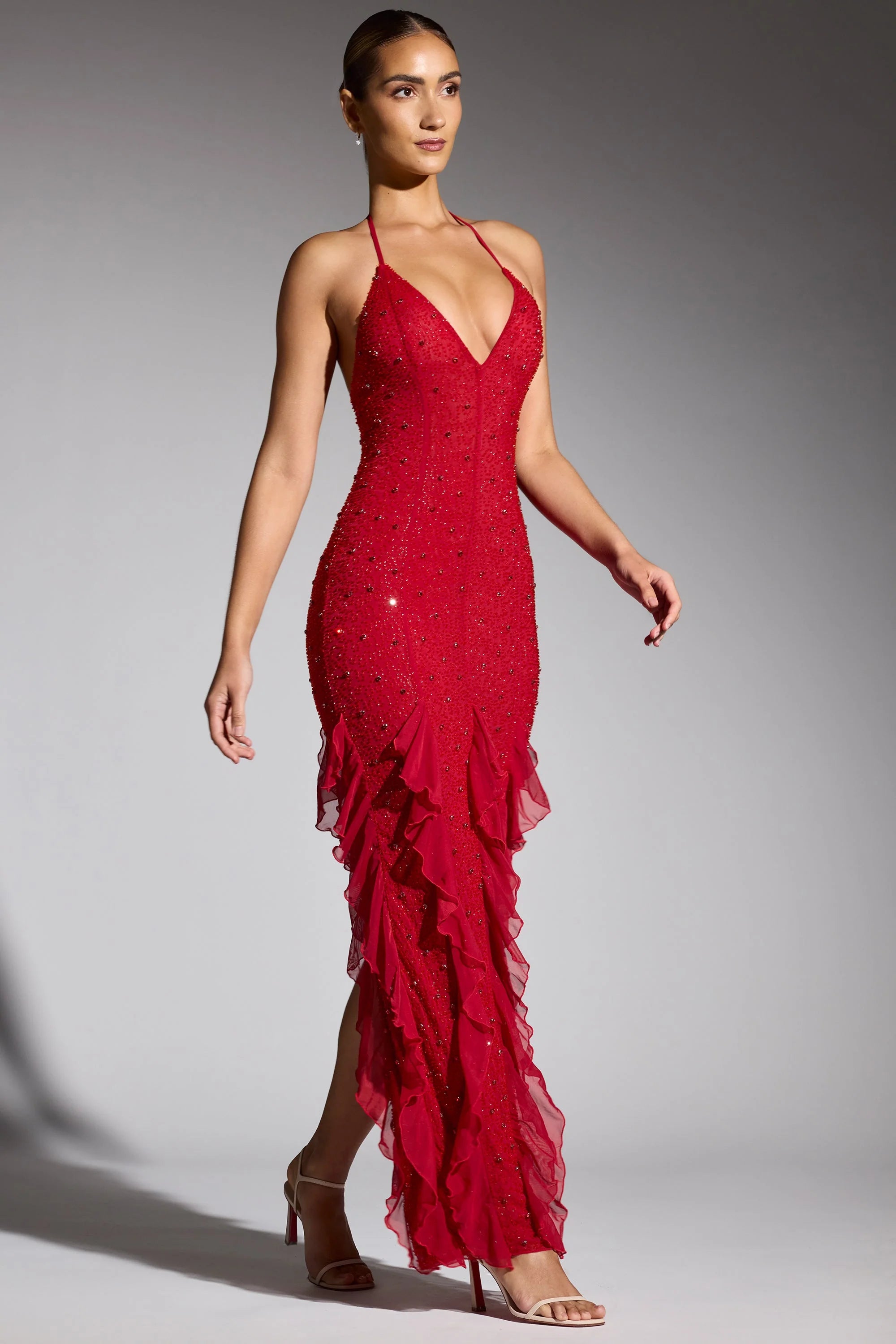 Embellished Halter Neck Ruffle Maxi Dress in Red