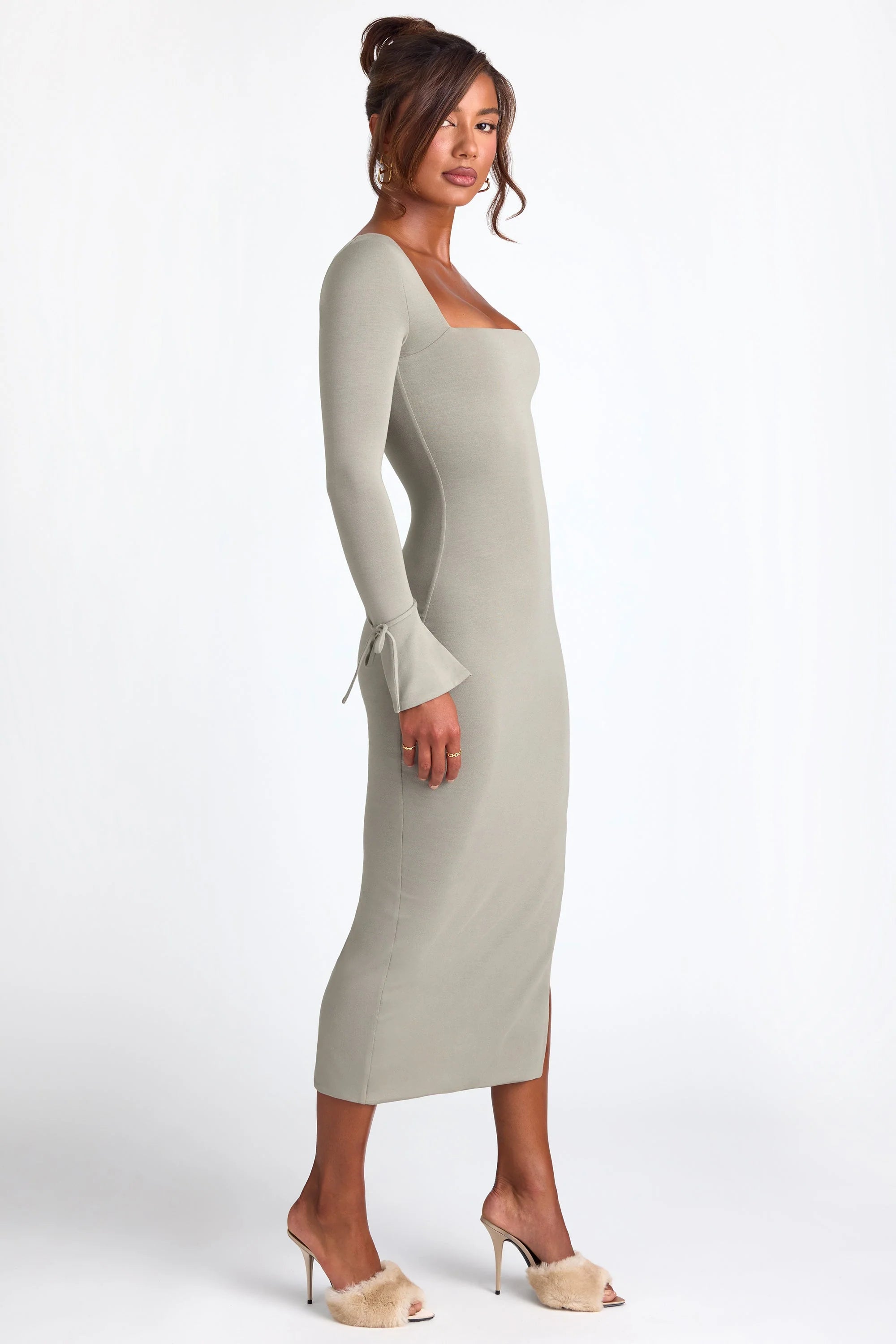 Modal Square Neck Long Sleeve Midaxi Dress in Sage Green