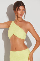 Embellished One Shoulder Knot Detail Crop Top in Lime Green