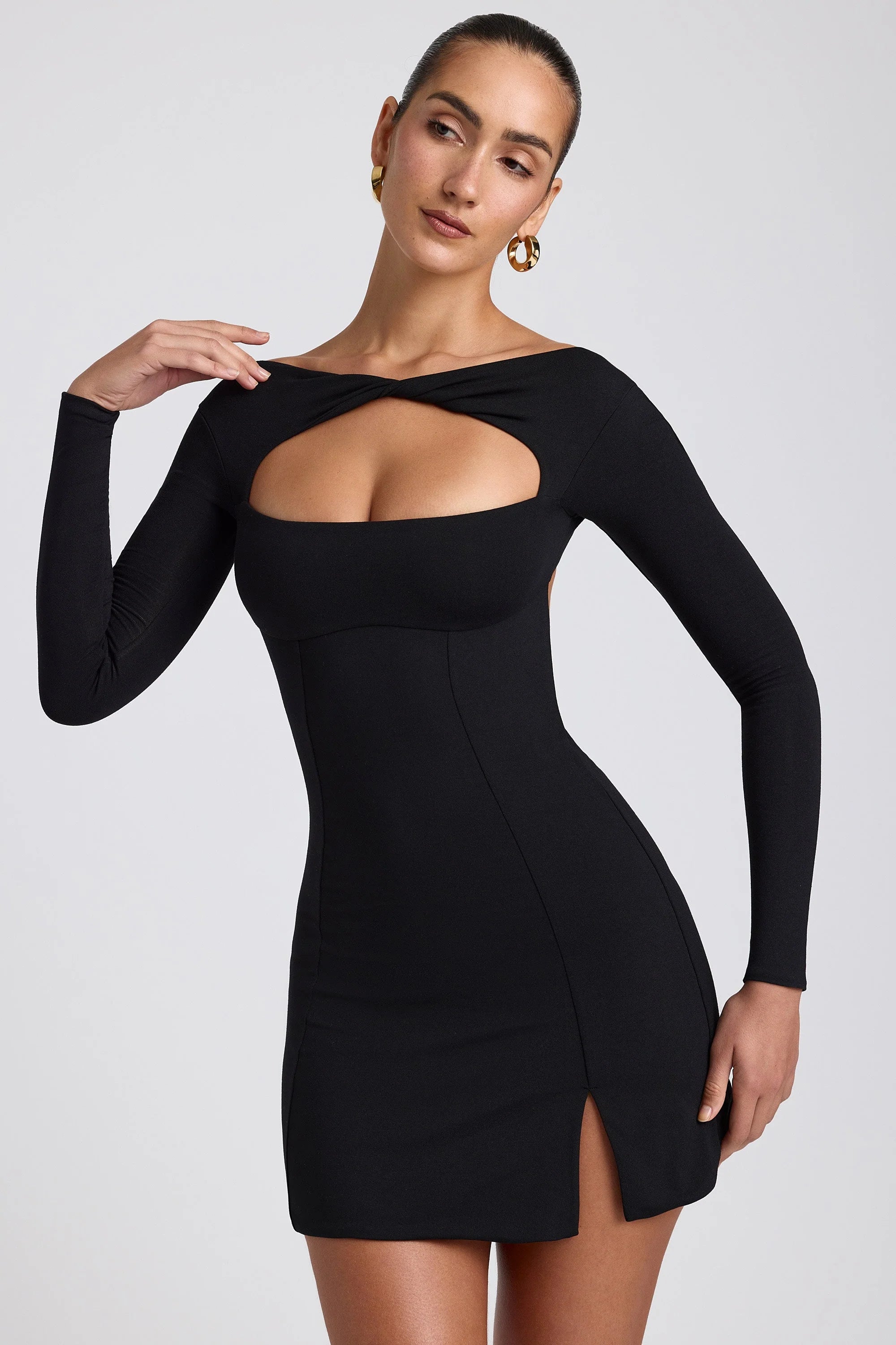 Modal Twist-Front Long-Sleeve Mini Dress in Black