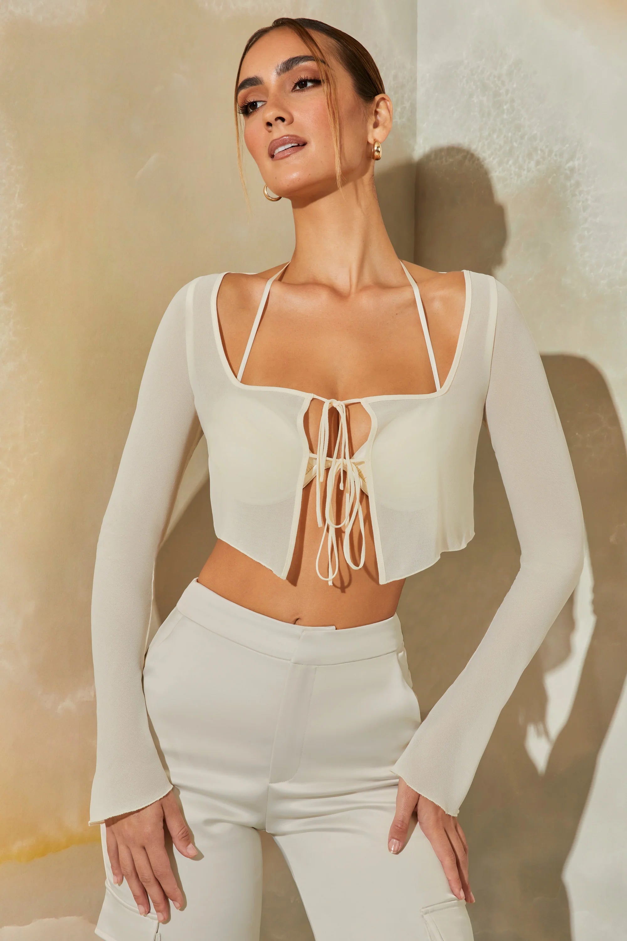 Long Sleeve Ruched Bralette with Sheer Overlay in Stone