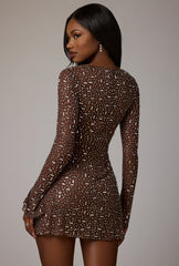 Sheer Embellished Long Sleeve A-Line Mini Dress in Deep Cocoa