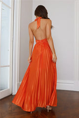 Shimmering Sea Pleated Halter Maxi Dress Orange