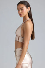 Metallic Denim Belted Crop Top in Champagne