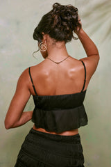 Shirred Tie Up Front Crop Top in Black