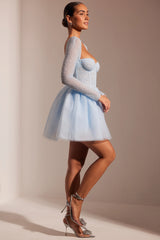 Miniabito con gonna in tulle a maniche lunghe impreziosito in blu