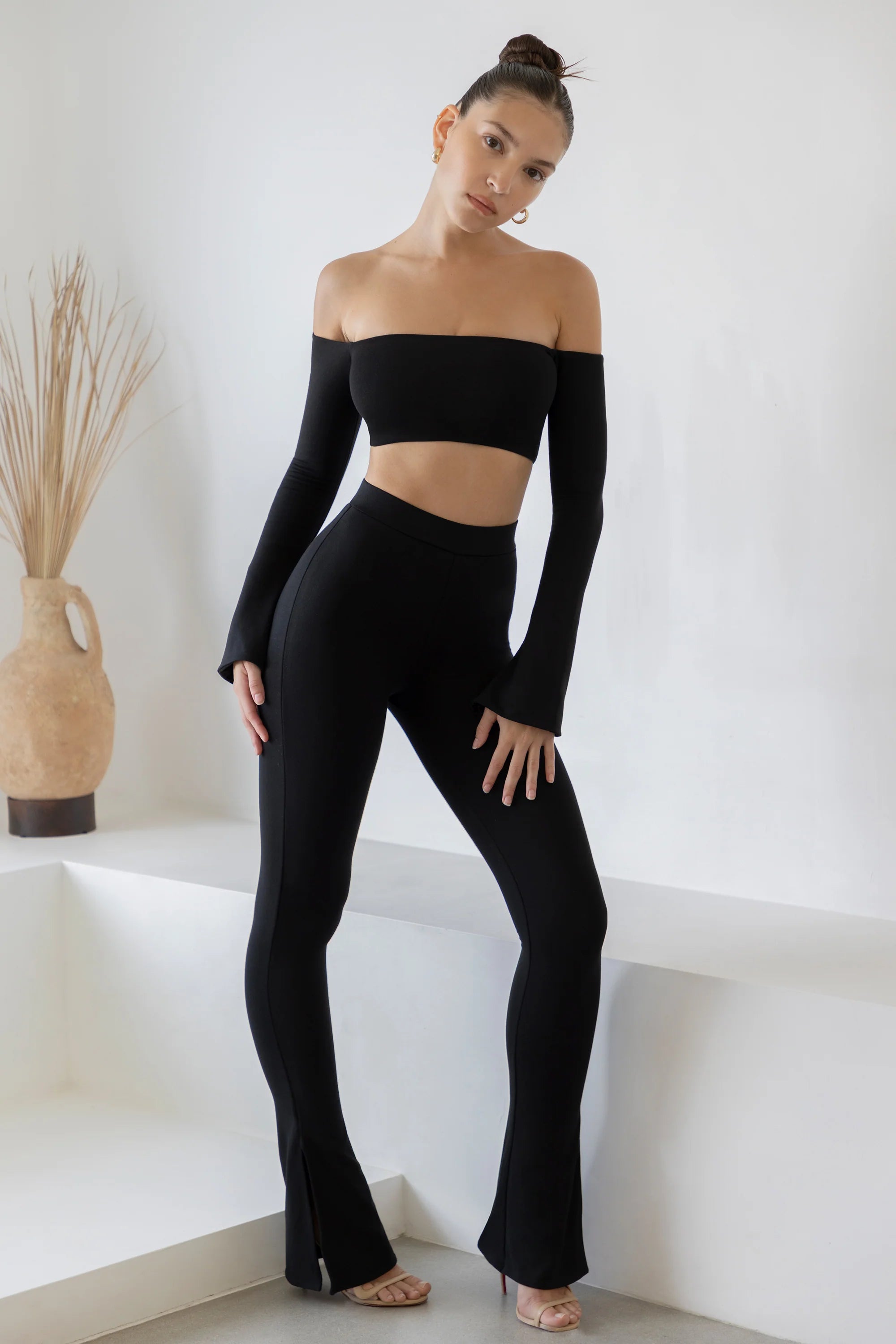 Long Sleeve Bardot Crop Top in Black