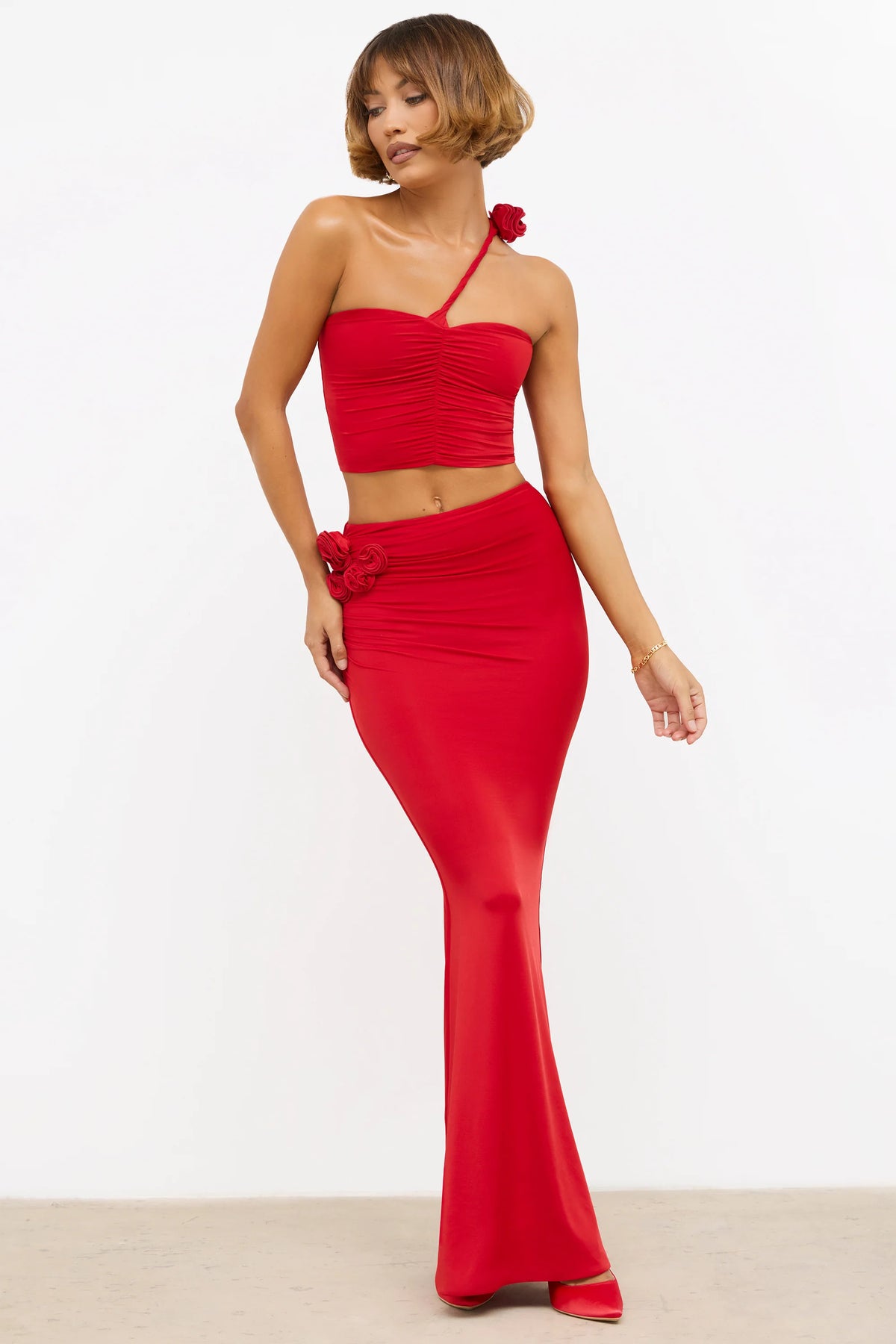 Slinky Jersey Rose Detail Mid-Rise Maxi Skirt in Scarlet Red