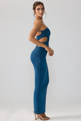 Slinky Jersey Asymmetric Waist Maxi Skirt in Midnight Blue