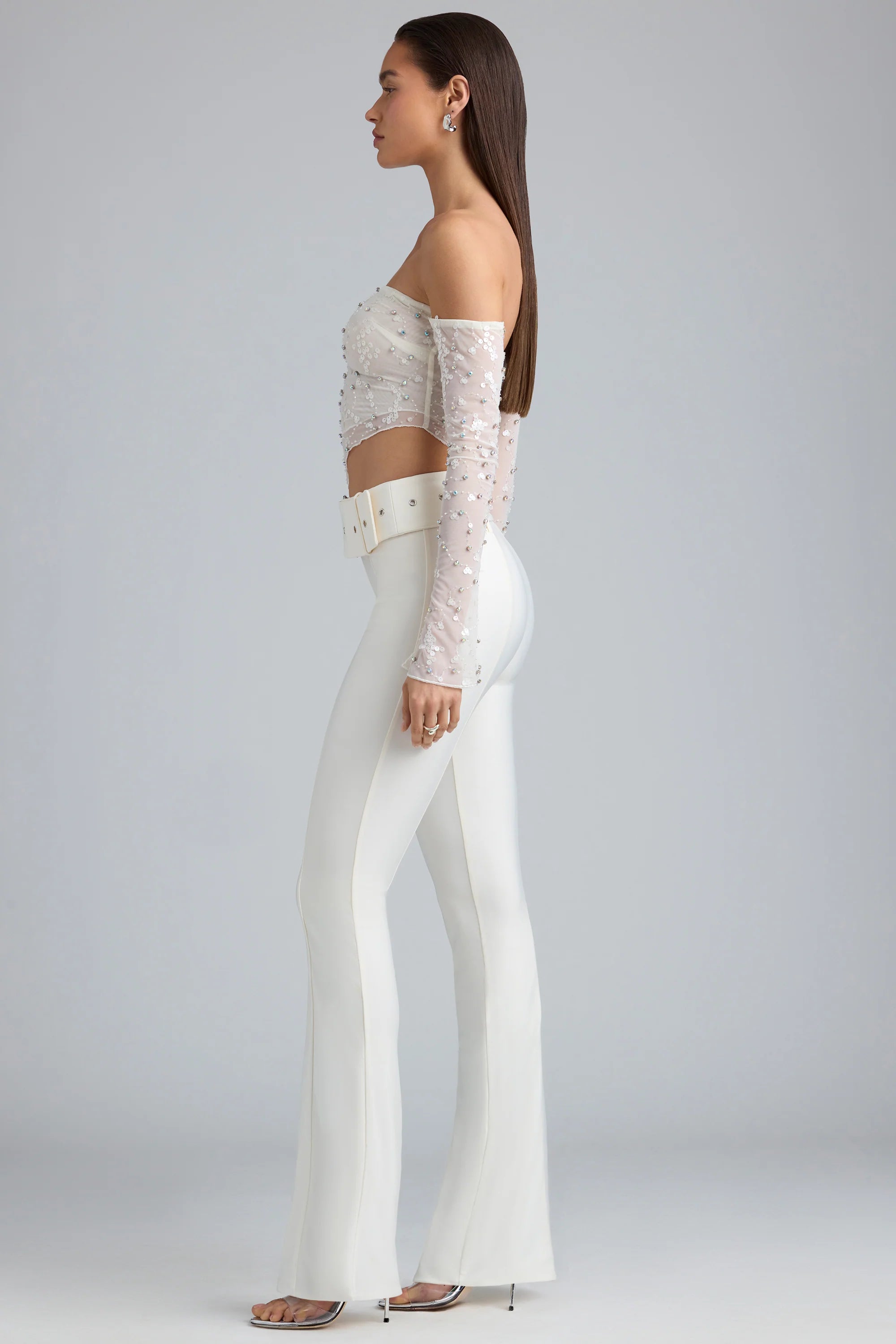 Metallic Belted Mid-Rise Flared Trousers in Ivory