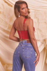 Satin Mesh Bustier Crop Top in Red