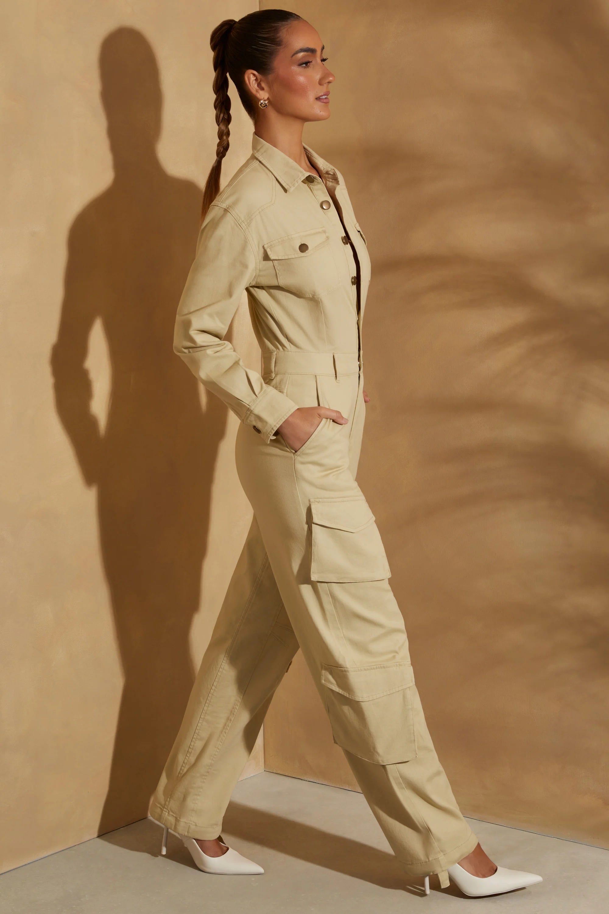 Wide Leg Long Sleeve Cargo Jumpsuit in Sage