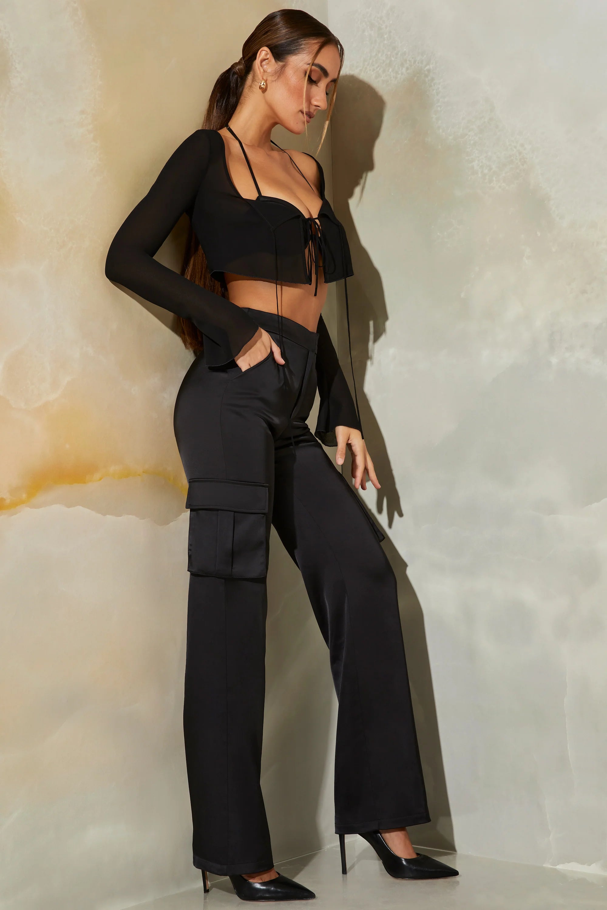 Satin Straight Leg Cargo Trousers in Black