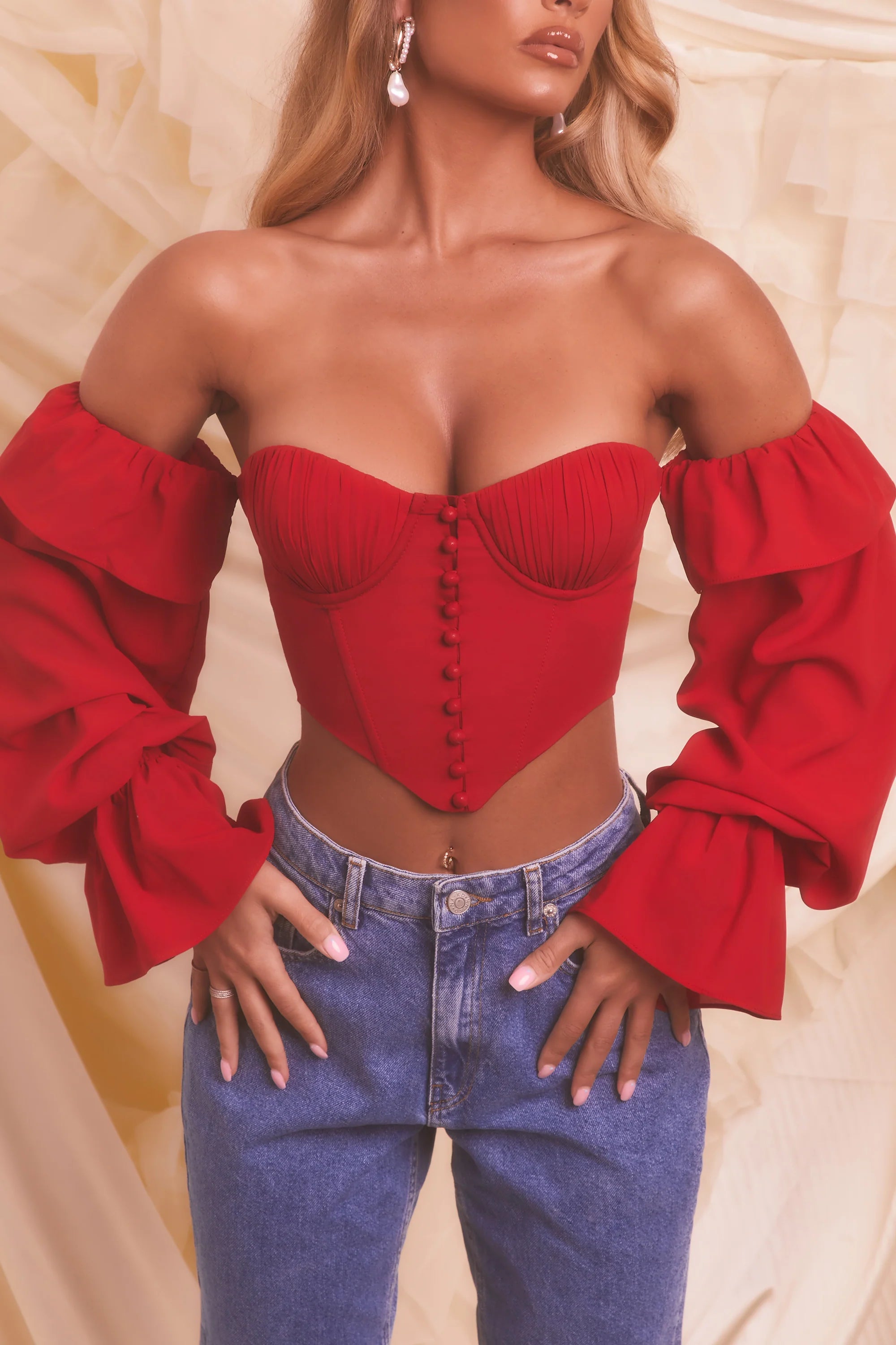 Chasing Love Bardot Long Sleeve Crop Top in Red