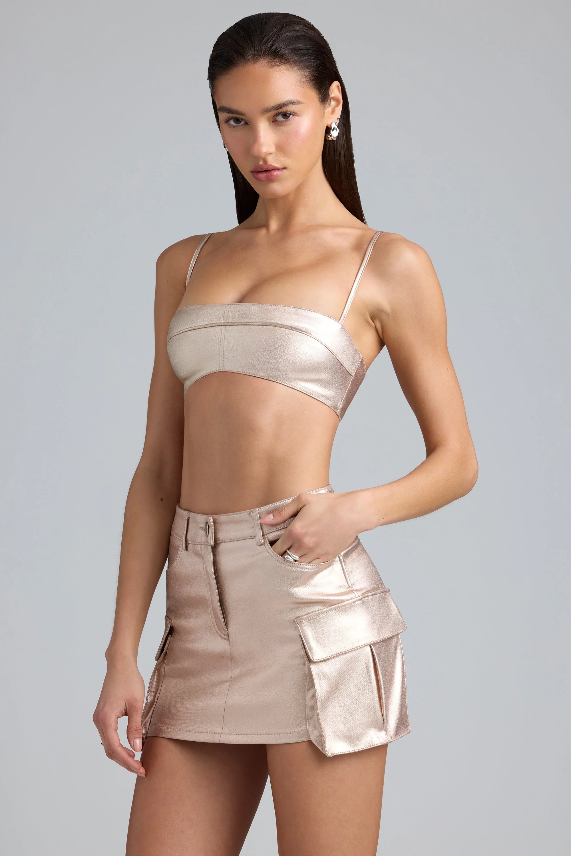 Metallic Denim Mid-Rise Cargo Skirt in Champagne