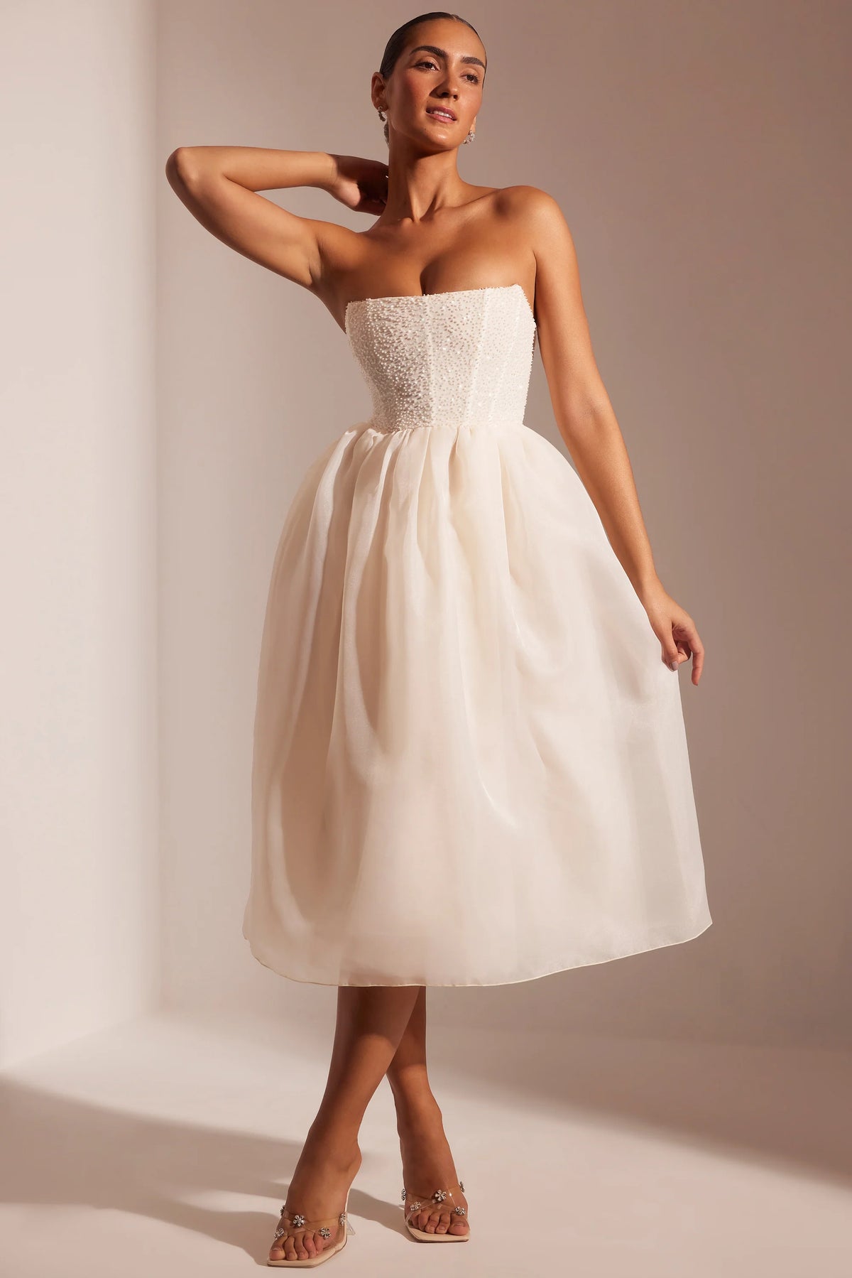 Embellished Corset Tulle Skirt Midi Dress in Ivory