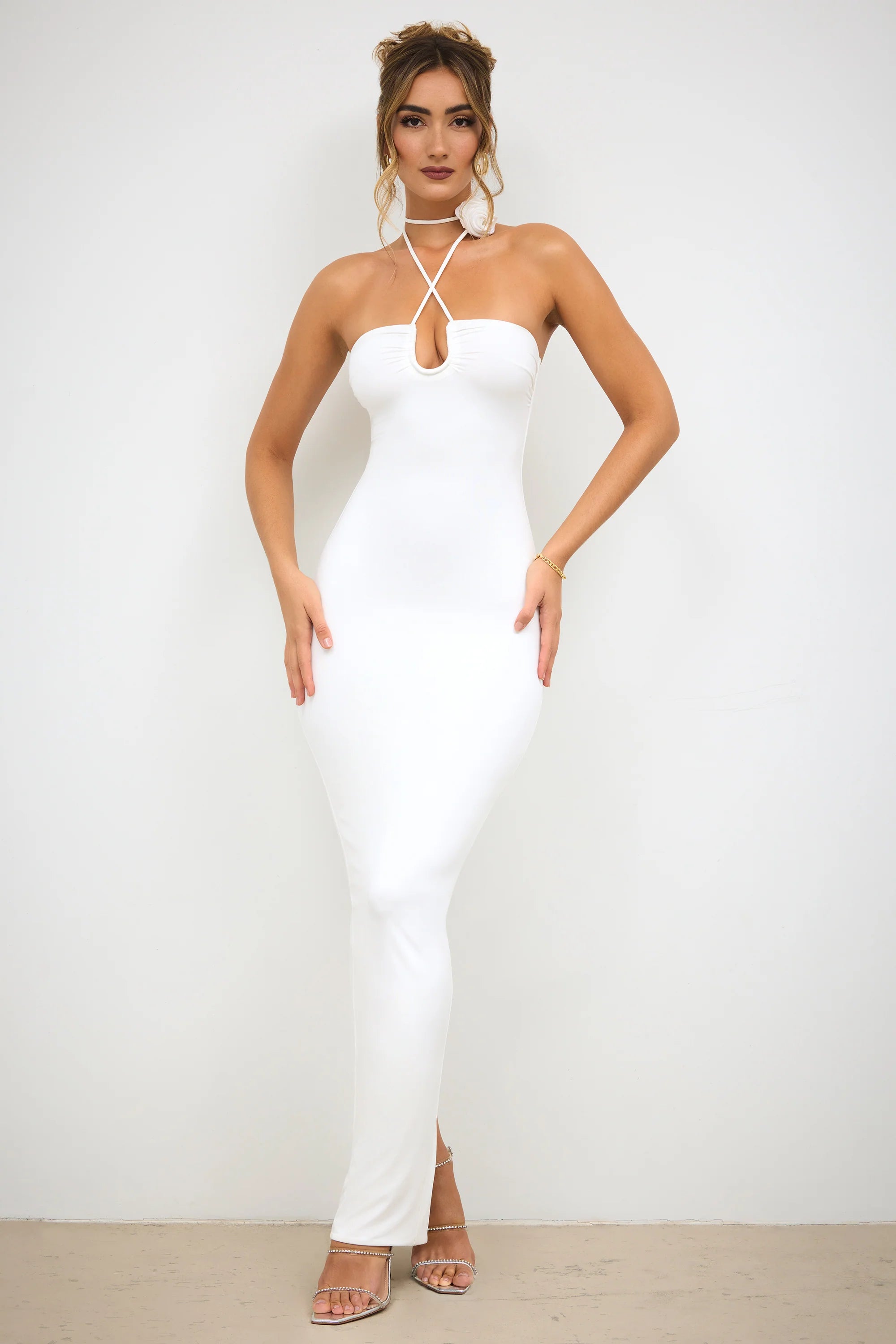 Slinky Jersey Rose Detail Halter Neck Maxi Dress in White