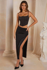 Satin Thigh High Split Maxi Skirt in Black