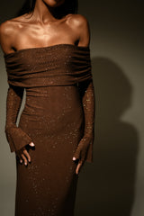 Marcel Off Shoulder Diamante Maxi Dress - Chocolate