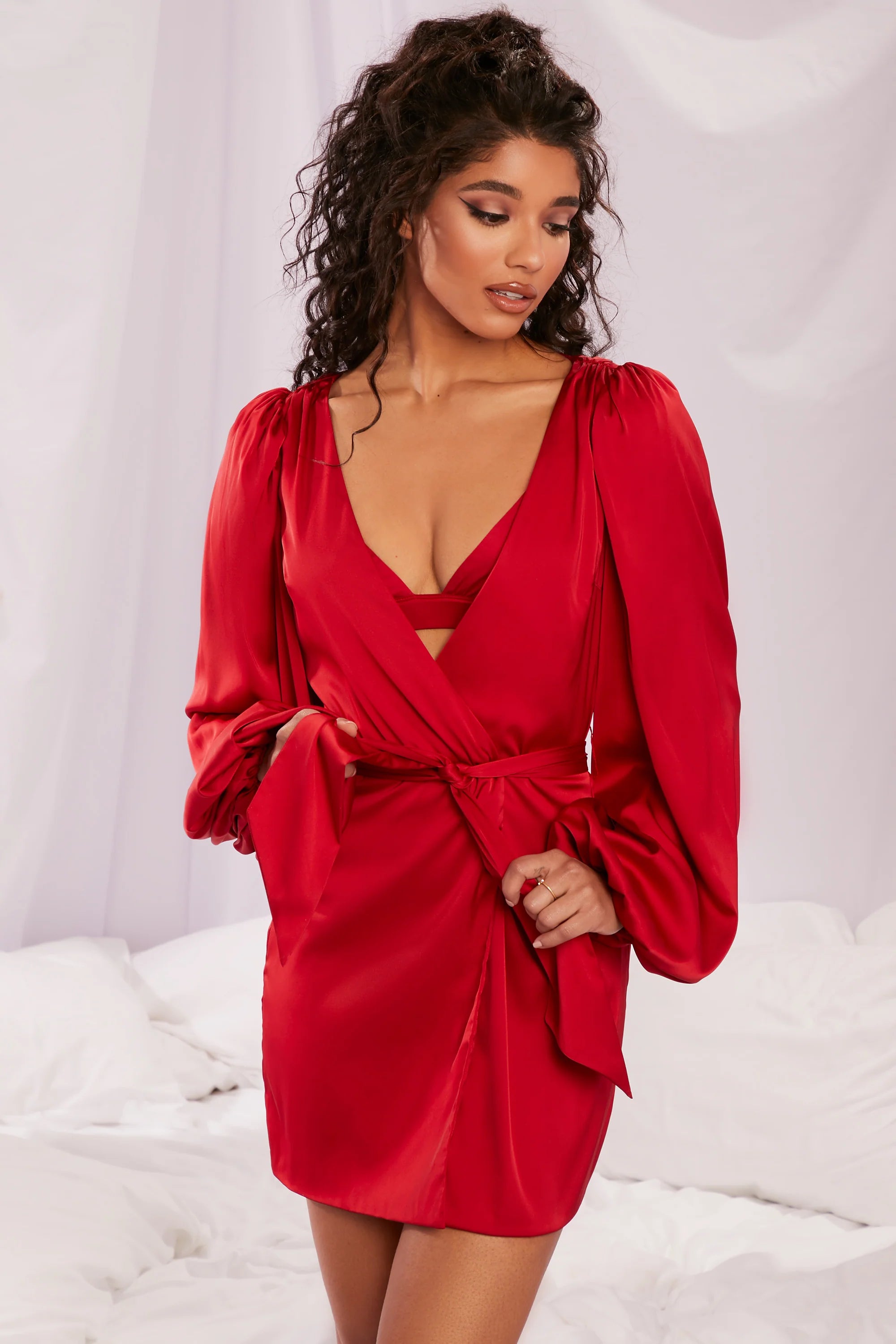 Satin Balloon Sleeve Robe in Red