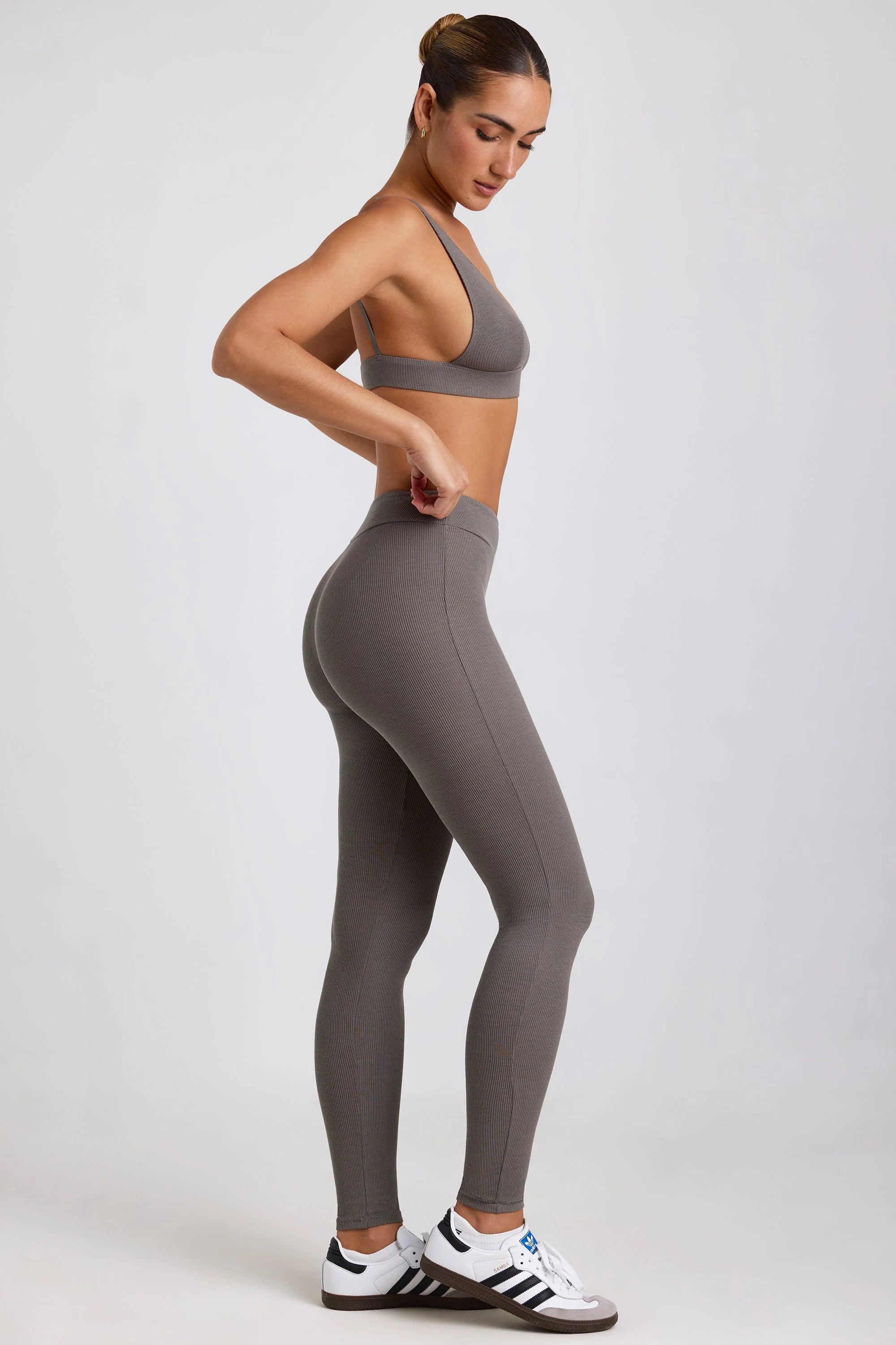 Leggings a vita alta in modal a costine in grigio