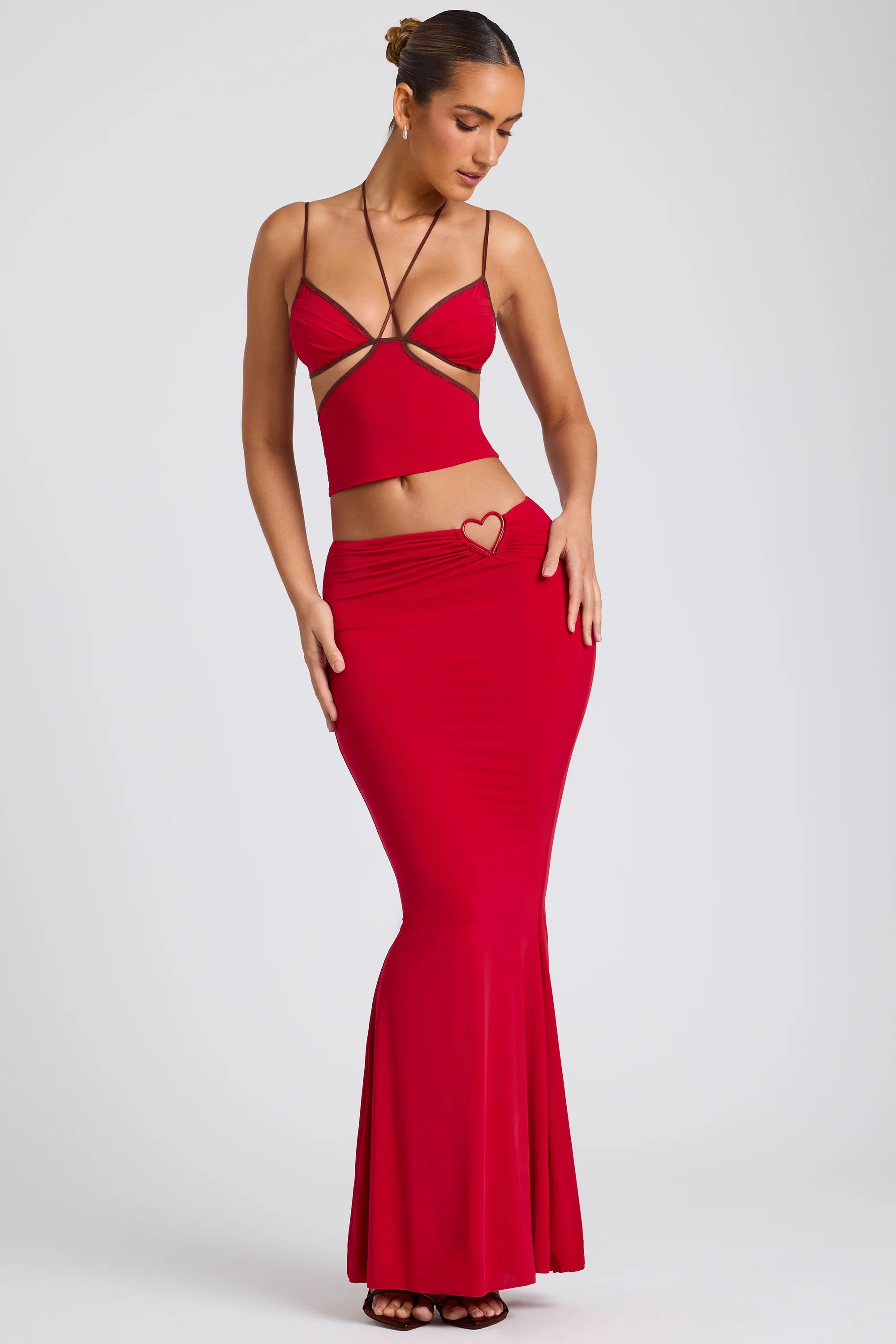 Mid Rise Maxi Skirt in Fire Red