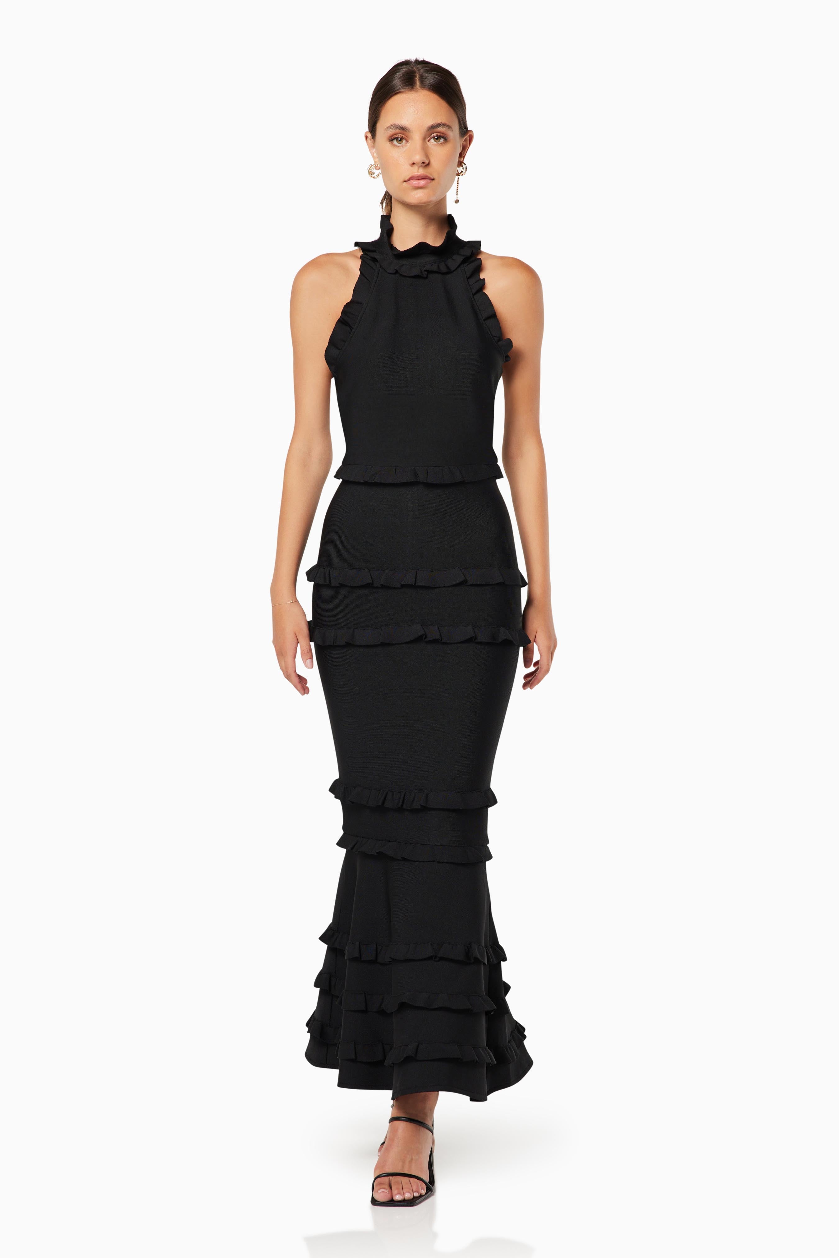 model wearing Theatrical high neckline maxi gown in black front shot