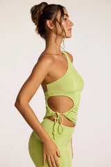 Textured Jersey Ruched Cut-Out One Shoulder Top in Lime