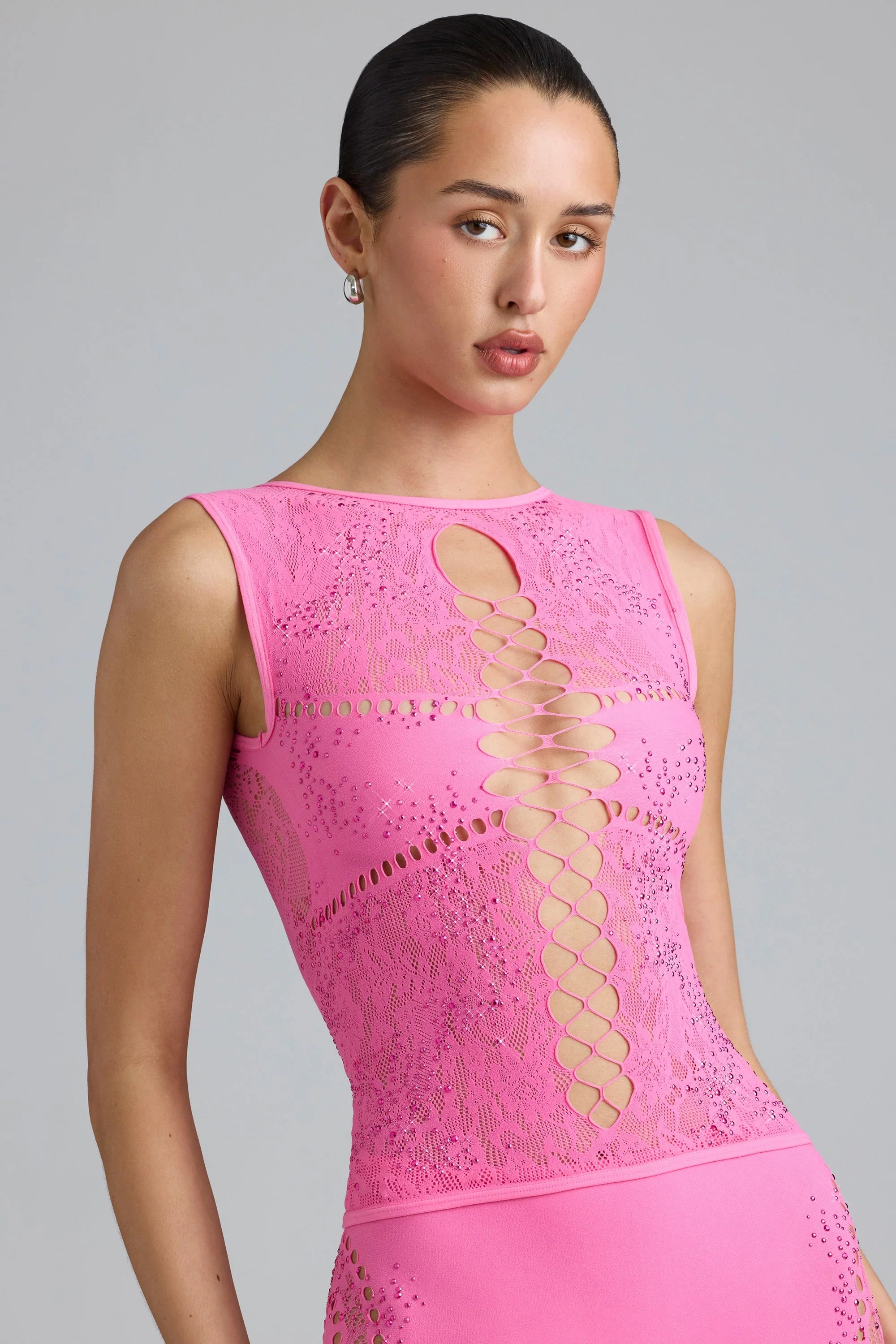 Top a collo alto con lacci decorato in rosa bubblegum