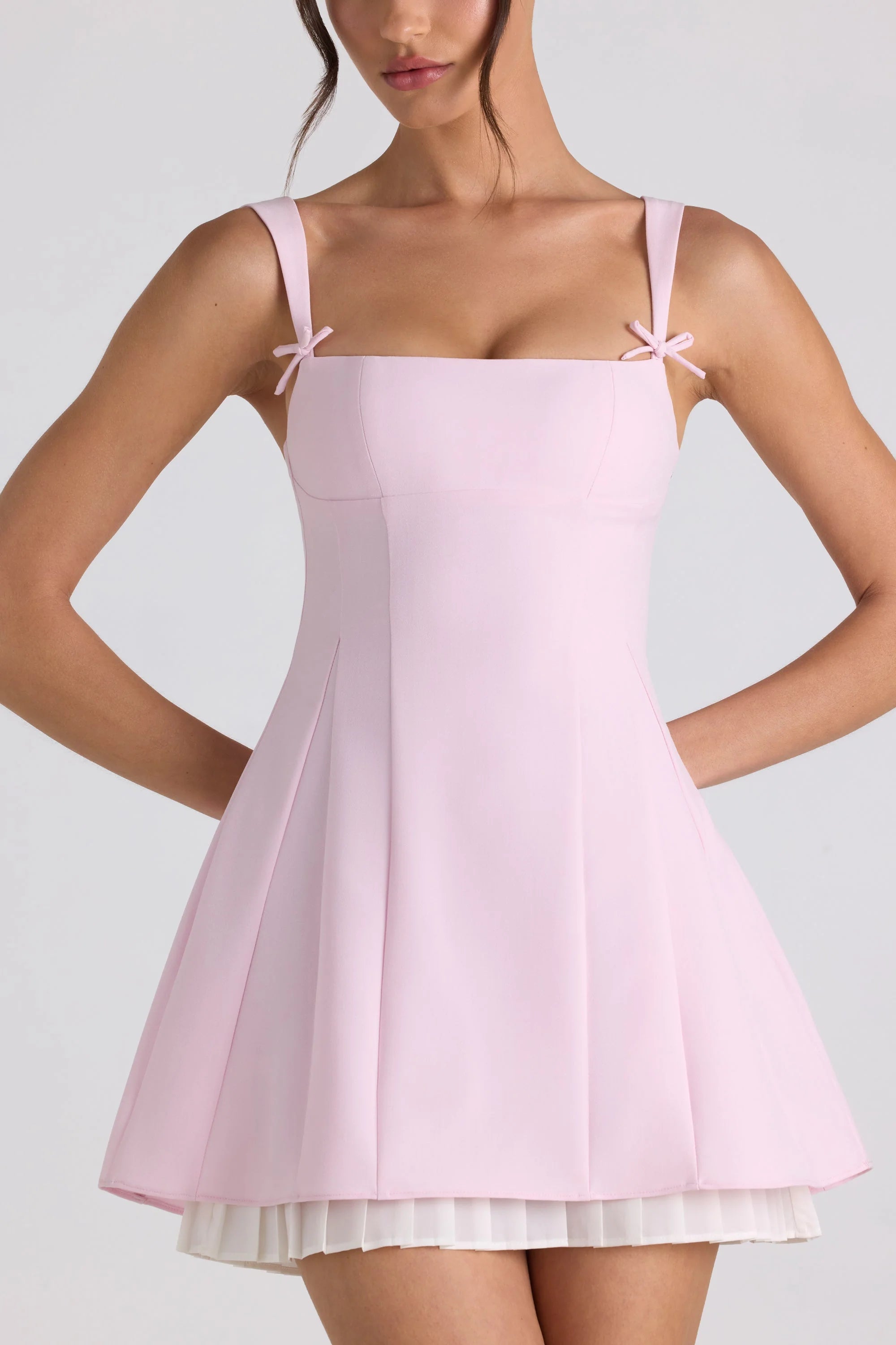 Bow-Embellished Pleated A-Line Mini Dress in Soft Pink