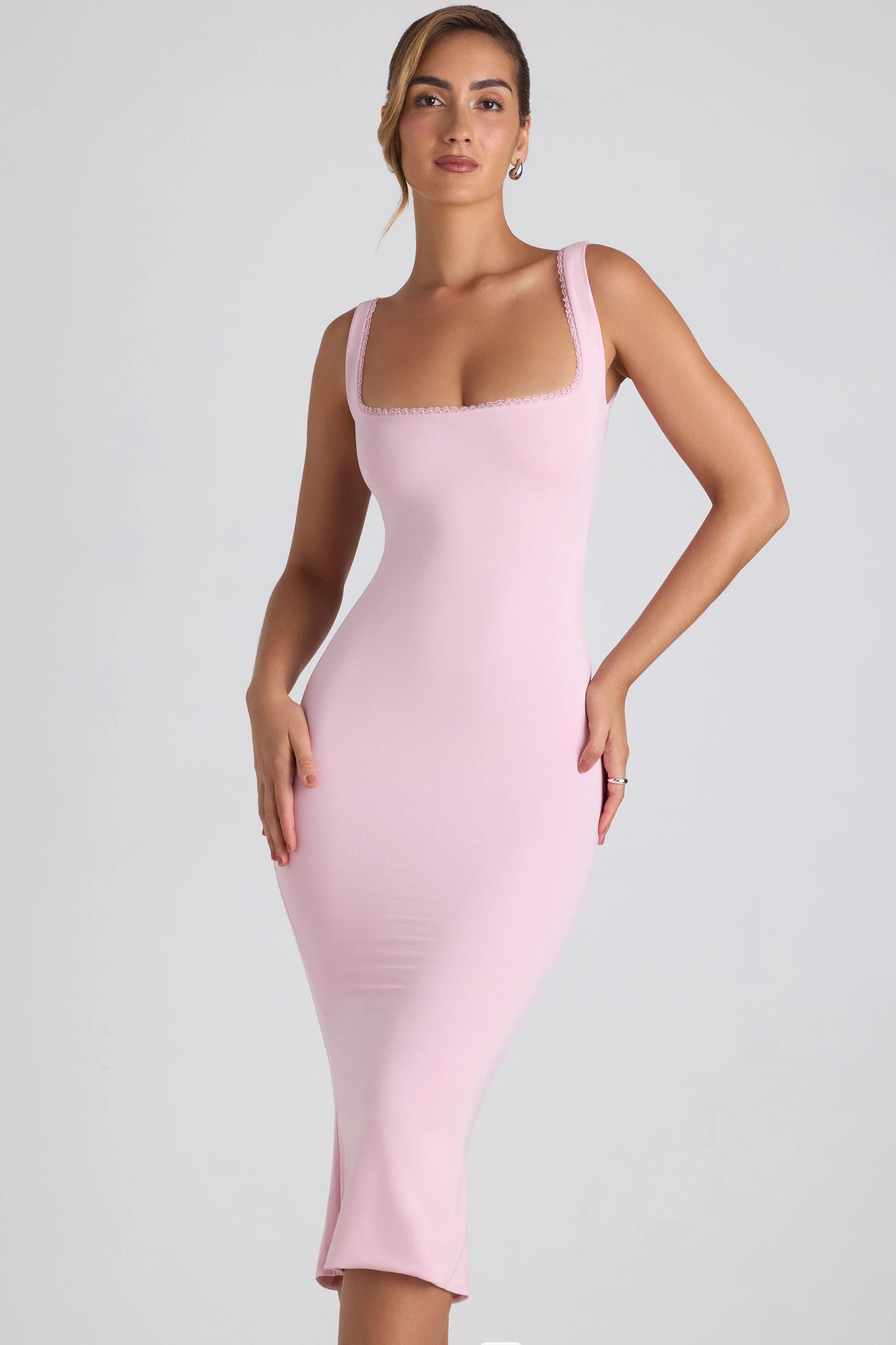 Modal Lace-Trim Midaxi Dress in Soft Pink