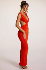 Textured Jersey Plunge Neck Maxi Dress in Fiery Red