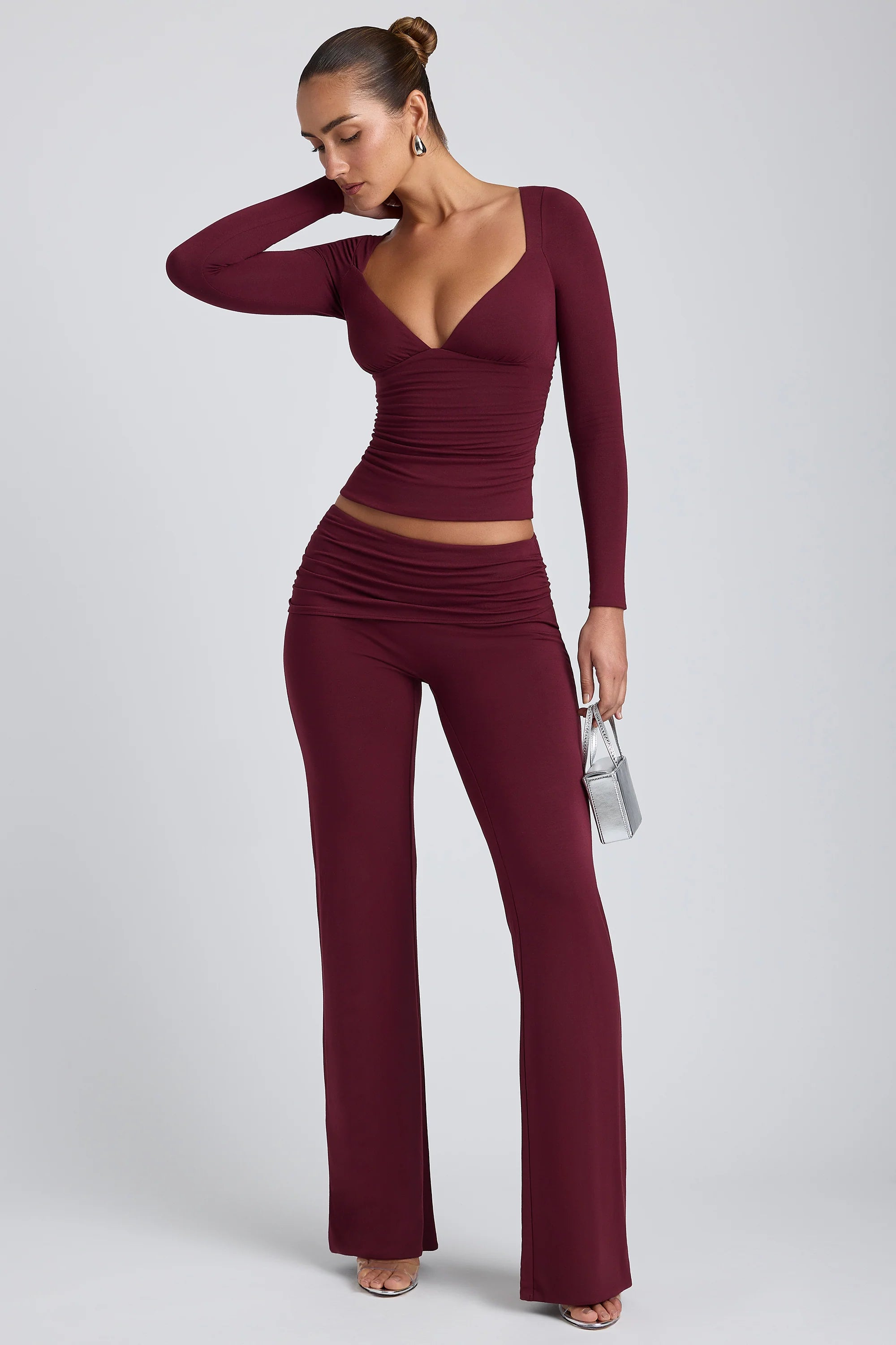 Modal Mid-Rise Straight-Leg Trousers in Plum