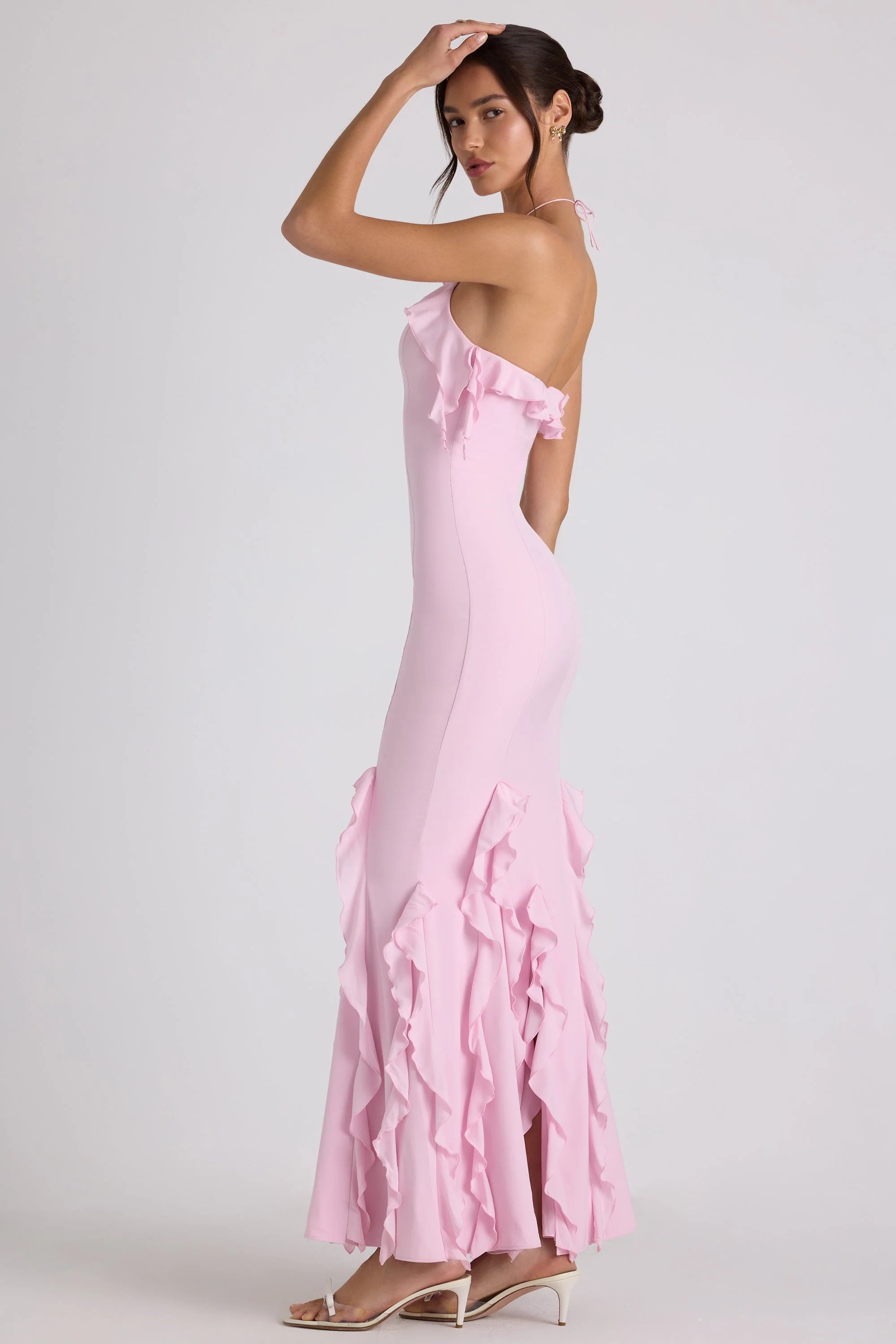 Ruffle-Trim Halterneck Gown in Soft Pink